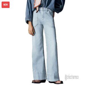 High Waisted Wide Leg Jeans with Front Pockets - Stretchy Cotton Blend